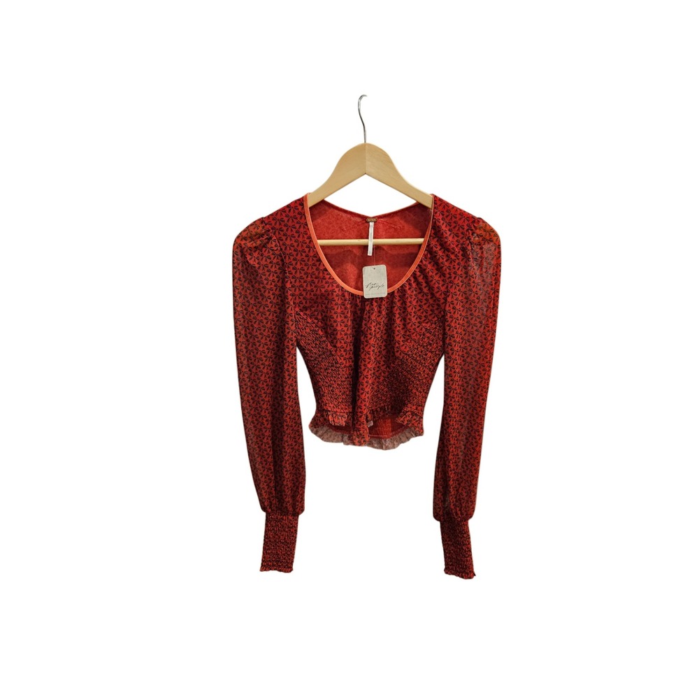 Free People Dottie Printed Smocked Crop Top Long Puff Sleeve Salsa Red XS NWT